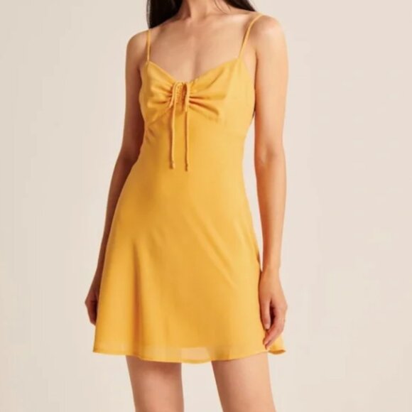 Abercrombie & Fitch Golden Peachy Yellow Cinch Front Slip Mini Dress 90s Y2K - Picture 1 of 10